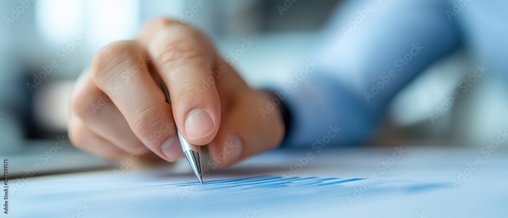 hand with Pen analyzing Financial Data hand with Pen analyzing Financial Data