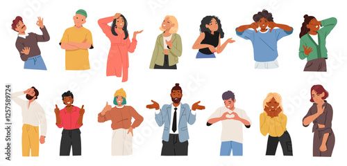 Diverse people character showcasing different reaction, giving various feedback in communication