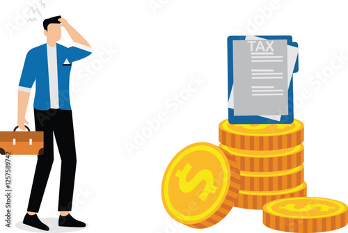 A businessman scratches his head looking at tax paper on top of coins. Illustration for paying taxes, tax deductions, taxable income