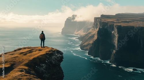 Person standing on rocky cliff overlooking ocean and dramatic coastline. Scenic outdoor landscape with steep cliffs, cloudy sky, and expansive sea. Travel and adventure concept. Generative AI