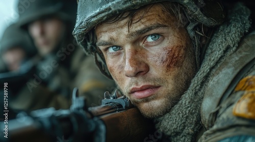 Soldier in muddy uniform stares intensely while holding a rifle during a military operation in a war-torn landscape