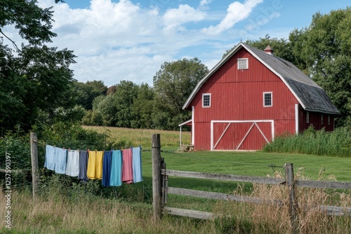 On a sunny day, a red Amish family barn house stands with clothes hanging outside