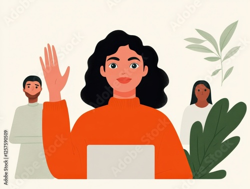 Businesswoman waving to colleagues during video call