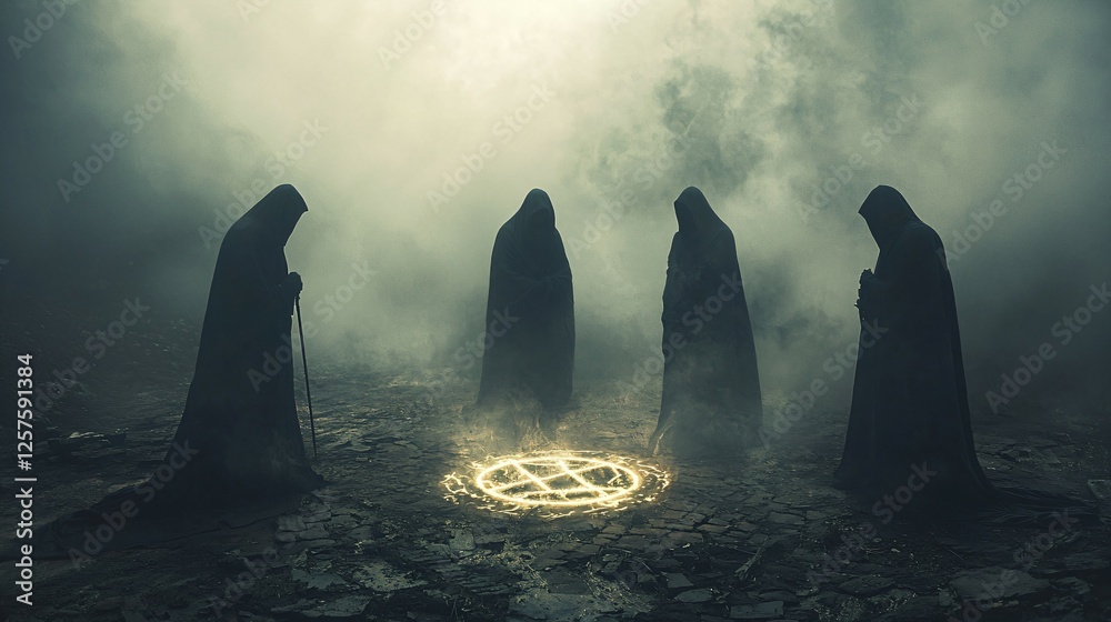 Cult Concept,Hooded figures performing mysterious ritual around glowing ancient symbol, shrouded in mist and shadows, evoking cult and mystical atmosphere. Cult Concept,Hooded figures performing mysterious ritual around glowing ancient symbol, shrouded in mist and shadows, evoking cult and mystical atmosphere.