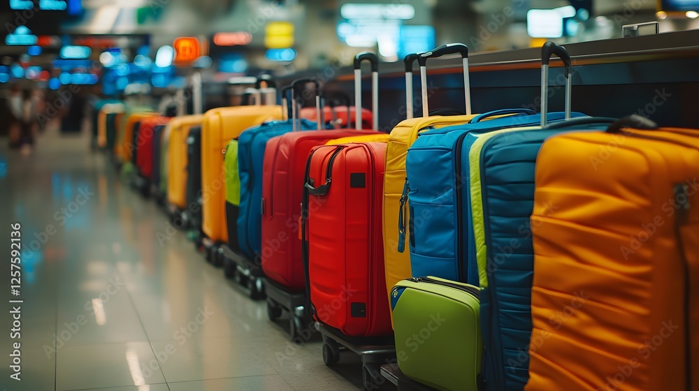 Fototapeta premium Colorful Suitcases Lined Up at Airport Baggage Claim Travel Luggage Vacation