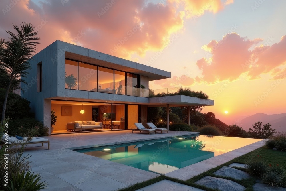 Fototapeta premium Modern Architectural Design Hillside Residence with Infinity Pool and Sunset Views
