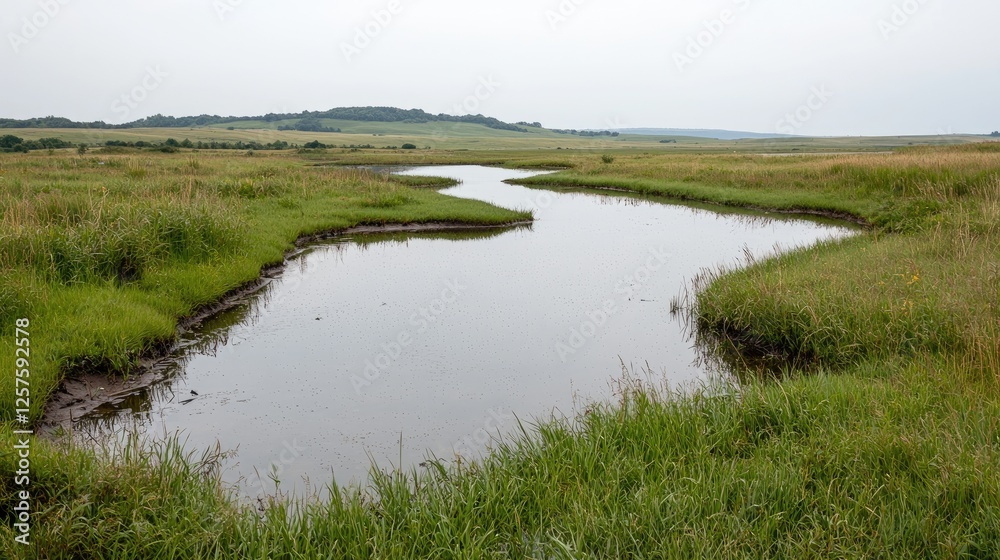 Serene Meadow Creek; Tranquil Landscape; Countryside; Calm Water; Nature; Wildlife; Outdoor; Peaceful View; Ideal for Background Serene Meadow Creek; Tranquil Landscape; Countryside; Calm Water; Nature; Wildlife; Outdoor; Peaceful View; Ideal for Background