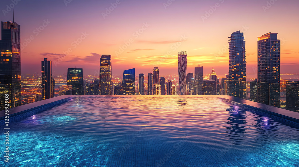 Fototapeta premium A stunning rooftop infinity pool overlooks a vibrant city skyline at sunset, showcasing a blend of urban beauty and natural colors.