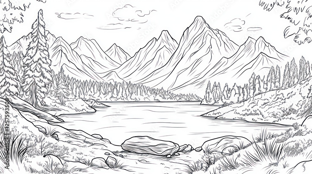 Mountain lake serene landscape, forest background, nature scene, coloring page Mountain lake serene landscape, forest background, nature scene, coloring page