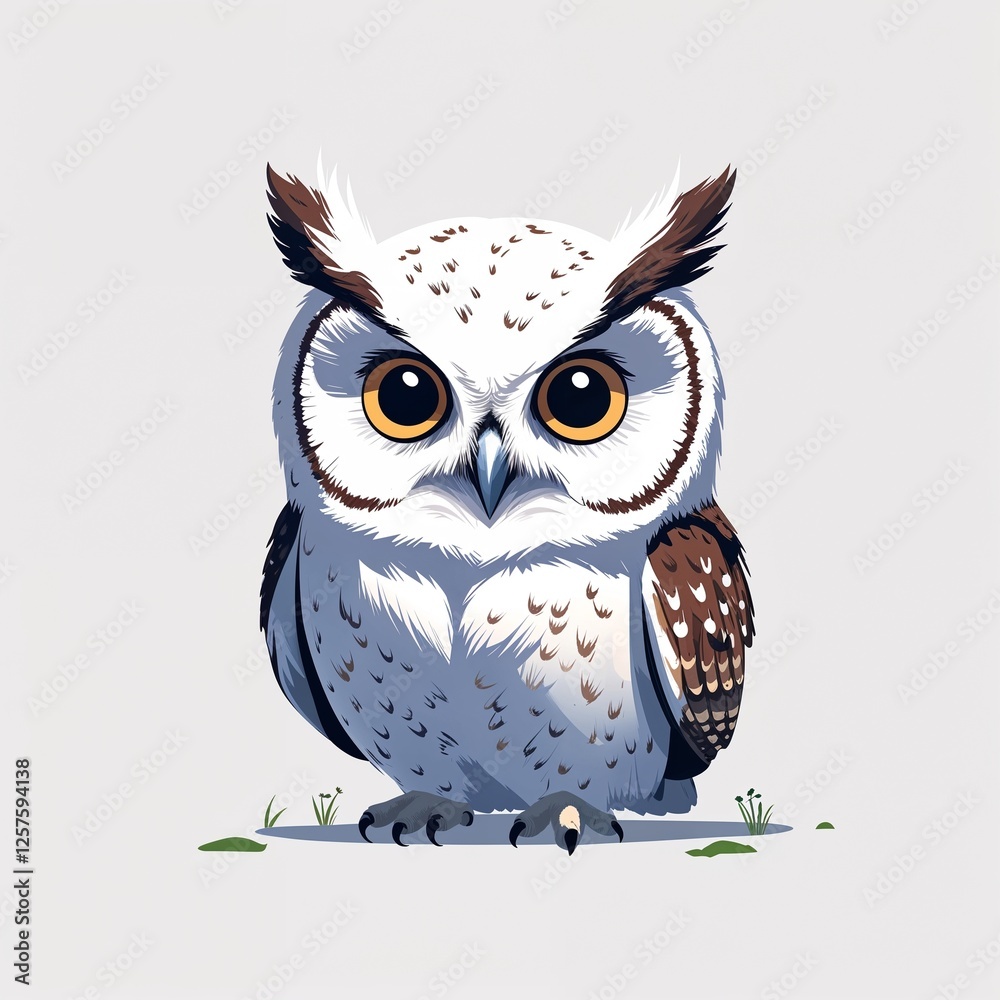 Fototapeta premium Cute white owl cartoon illustration on plain white background