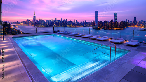 A stunning rooftop pool at twilight, surrounded by city skyline, illuminated by vibrant lights reflecting on the water.