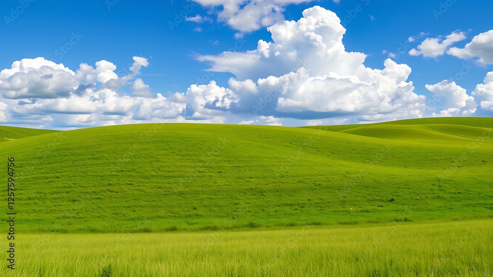 Rolling green hills under a bright blue sky with fluffy white clouds above. Rolling green hills under a bright blue sky with fluffy white clouds above.