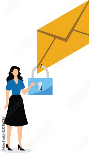 A businesswoman puts a padlock on an email envelope. Illustration for email security, digital protection, privacy and confidentiality