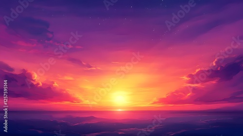 Vibrant Sunset Landscape Golden Hour Sky Dramatic Cloudscape Ocean Horizon