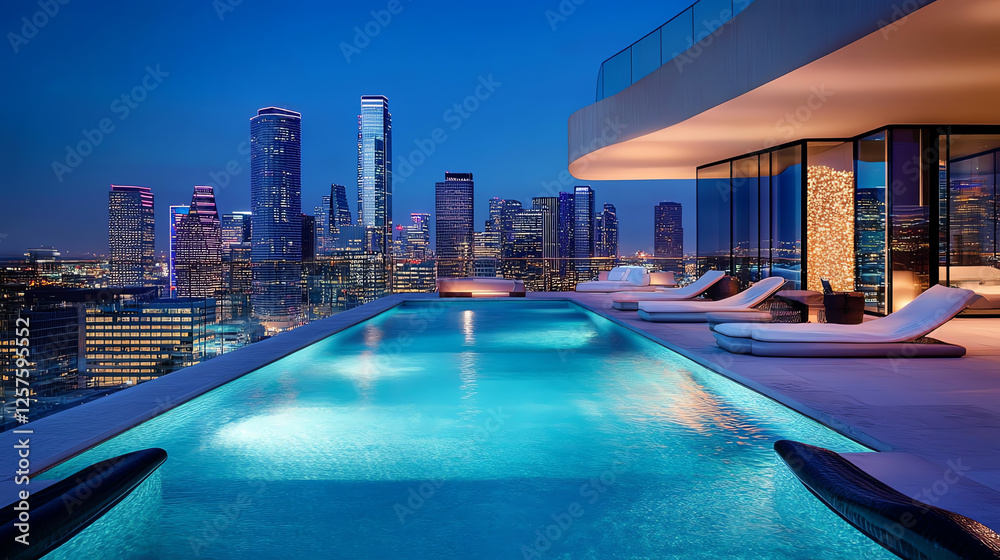 Fototapeta premium A luxurious rooftop pool at night, surrounded by a stunning city skyline, with sleek loungers and vibrant lights reflecting on the water.