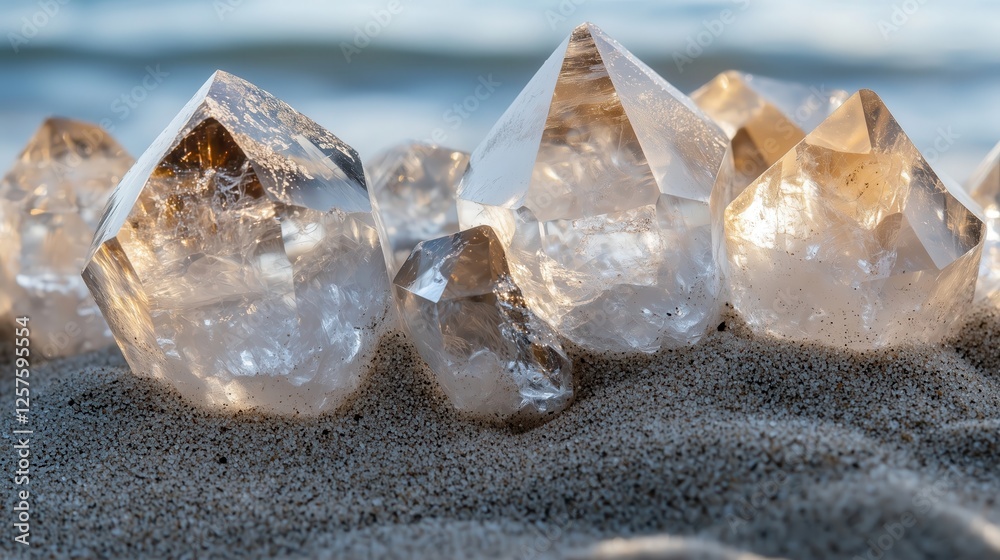 Sparkling quartz crystals glimmering on the sand at sunset Sparkling quartz crystals glimmering on the sand at sunset