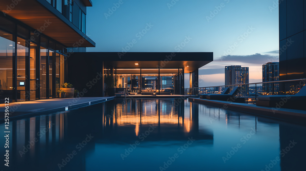 A serene modern rooftop scene at dusk, featuring a sleek pool reflecting city lights and a stylish living space. A serene modern rooftop scene at dusk, featuring a sleek pool reflecting city lights and a stylish living space.