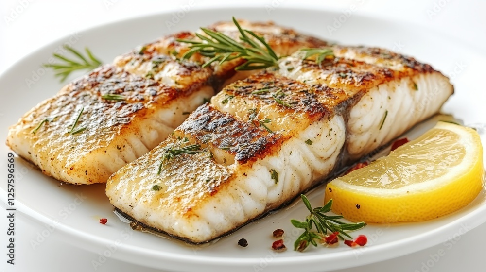 Minimalist presentation of a grilled fish filet with fresh lemon on a clean white plate