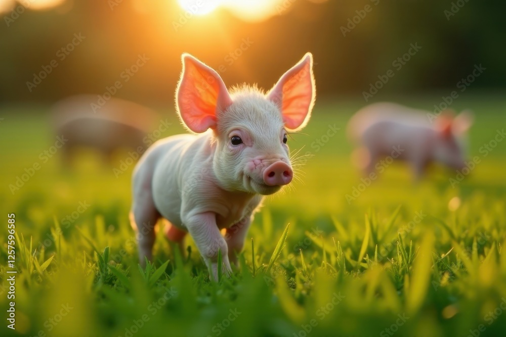 A tiny piglet basks in the warm glow of the setting sun, amidst a vibrant green pasture, embodying the idyllic charm of rural life. A tiny piglet basks in the warm glow of the setting sun, amidst a vibrant green pasture, embodying the idyllic charm of rural life.