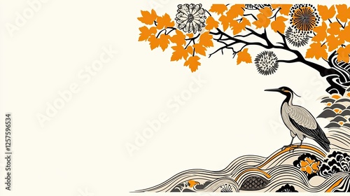 Heron Stands on Waves Near Autumnal Tree