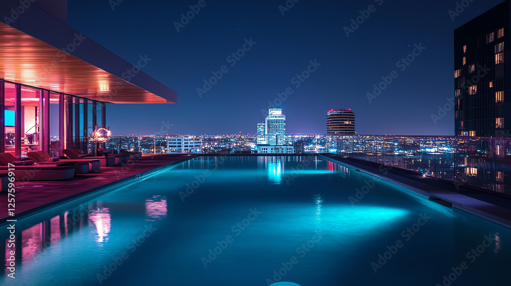 Obraz premium A stunning rooftop pool scene at night, showcasing vibrant city lights and a serene atmosphere.