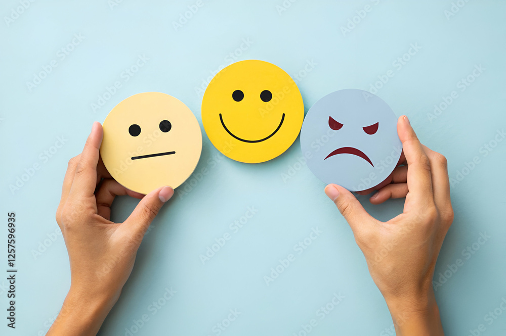Hands Holding Paper Emoji Representing Various Emotions On Pastel Backgrounds Hands Holding Paper Emoji Representing Various Emotions On Pastel Backgrounds