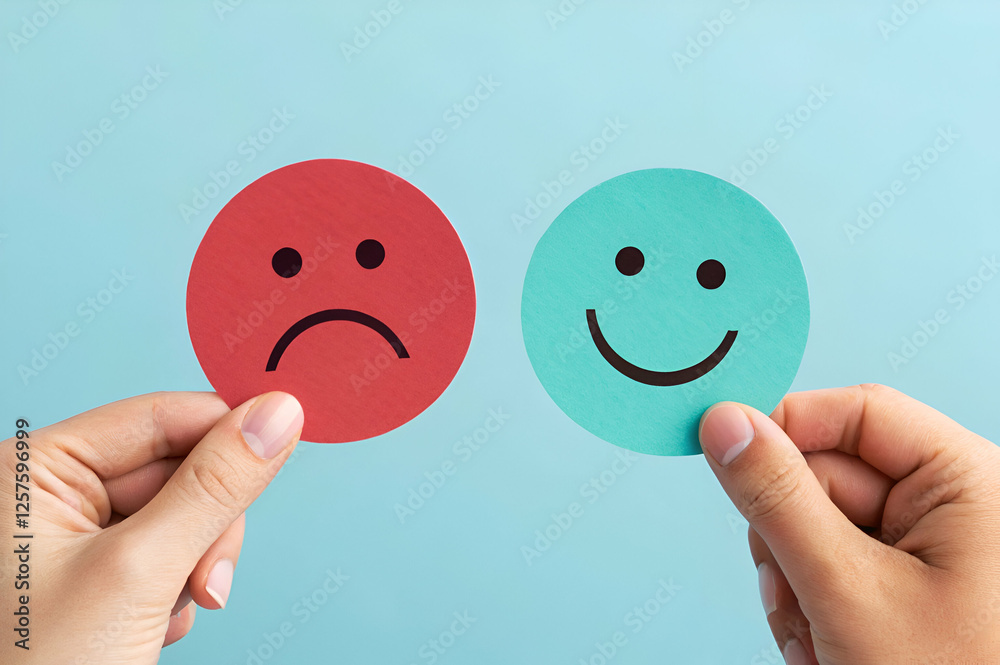 Hands Holding Red Sad And Green Happy Paper Emojis Hands Holding Red Sad And Green Happy Paper Emojis