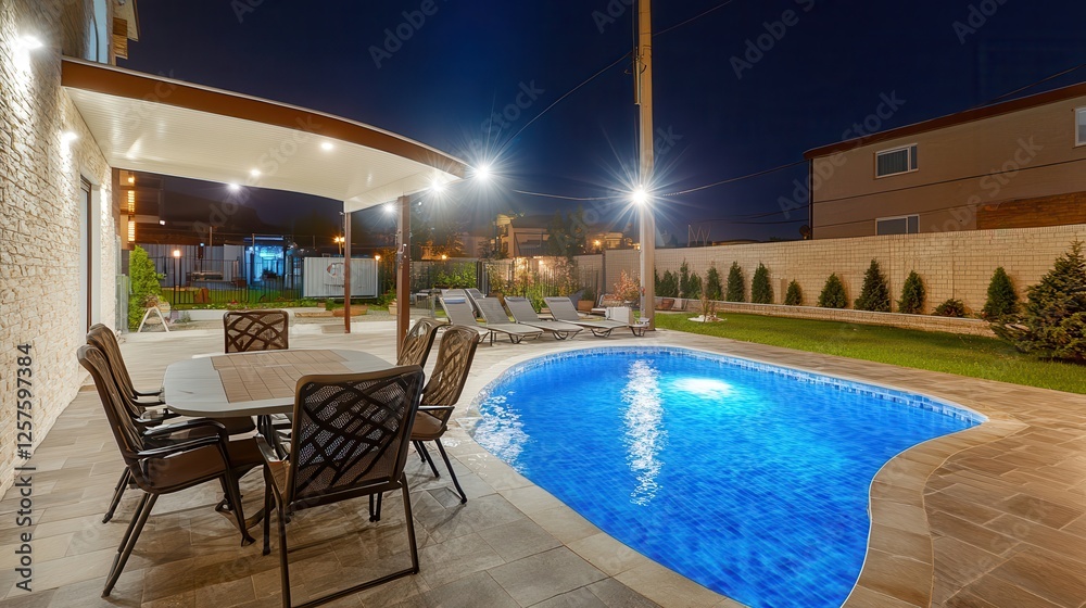 Fototapeta premium Night poolside villa patio dining, illuminated garden