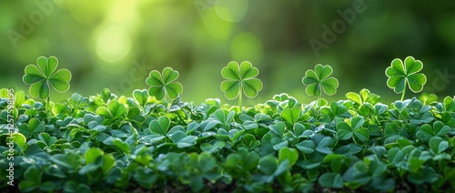 Green clover leaf isolated on a blurred background, adorned with leaved shamrocks. A symbol of St. Patrick's Day holiday, featuring a lucky green clover against a natural backdrop