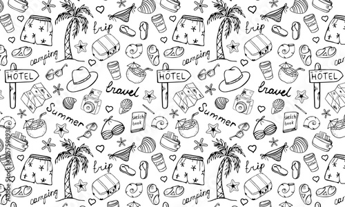 Travel seamless pattern. Vector background with items for vacation, beach holiday and travel. Accessories for trip. Hand drawn with a black pen in doodle style on a white background. For printing on p
