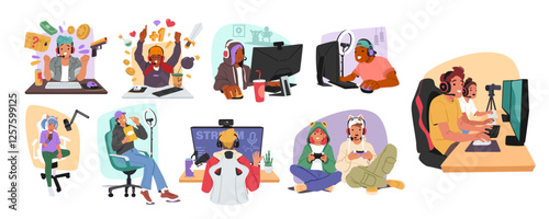 Children streamers, cyber sport gamers, teenagers playing computer games, enjoying live streaming