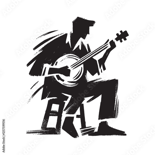 Minimalist black and white hand-drawn banjo player brush illustration