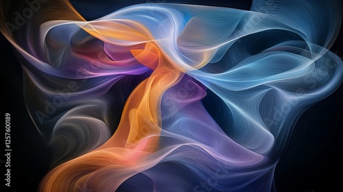 Futuristic neon light stripes on a bright and sparkly background. Sparkling purple wave lines. Purple glow from wave vortices, highlighted by impulse cable lines