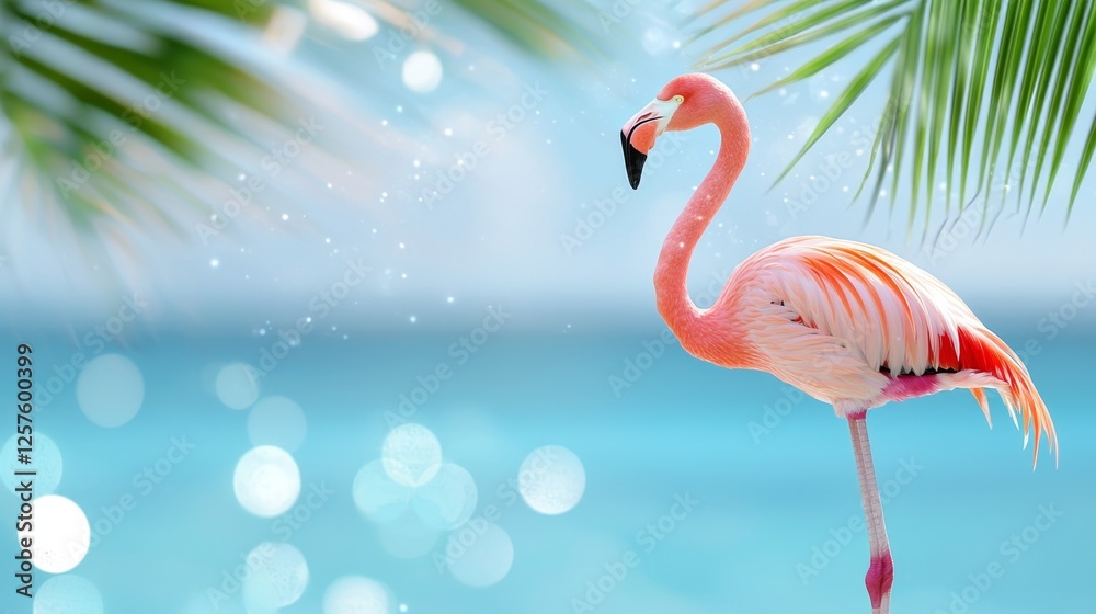 Fototapeta premium A pink flamingo standing on a beach next to a palm tree