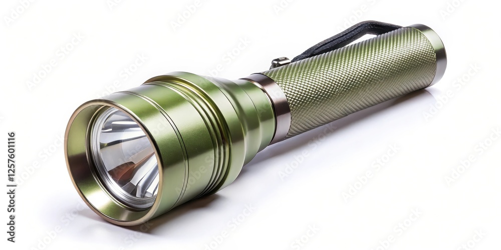 Green Metal Flashlight on White Background Green Metal Flashlight on White Background