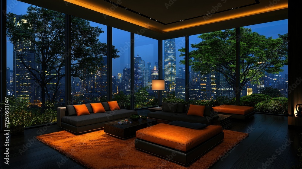 Obraz premium Modern City Apartment Living Room Night View