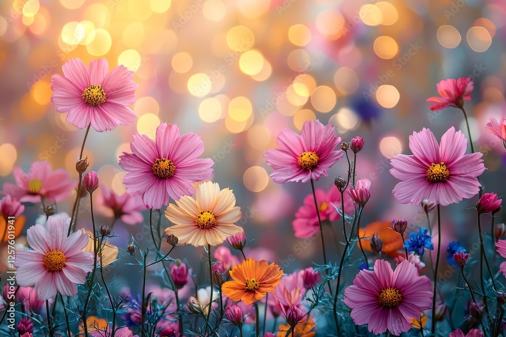 A scenic multicolored spring meadow background featuring wild flowers and soft bokeh lighting A scenic multicolored spring meadow background featuring wild flowers and soft bokeh lighting