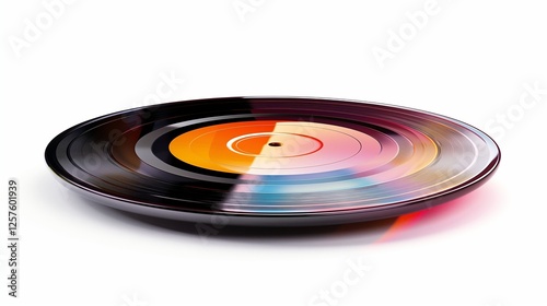 A classic vinyl record with a colorful label, isolated on white. The glossy surface and grooves bring back the golden age of music.