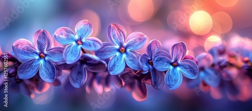 Lilac and spring flowers form a vibrant bunch, arranged in a serene violet art design background