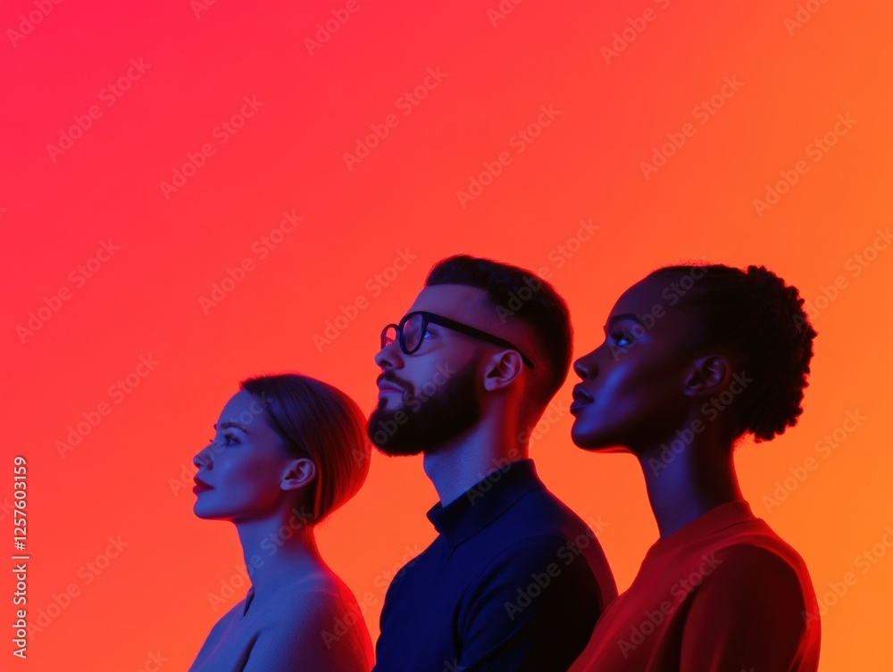 diverse group looking up in colorful lighting diverse group looking up in colorful lighting