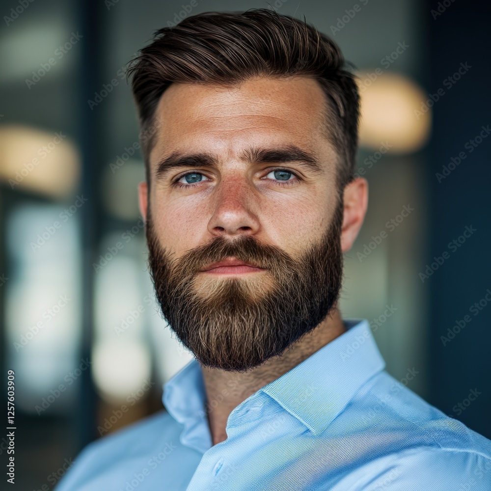 Fototapeta premium man with beard in blue shirt portrait
