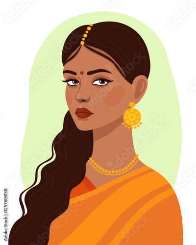 Portrait of a young Indian woman with long curly brown hair. Asian girl in traditional yellow dress and gold earrings. Pretty girl. Vector illustration.