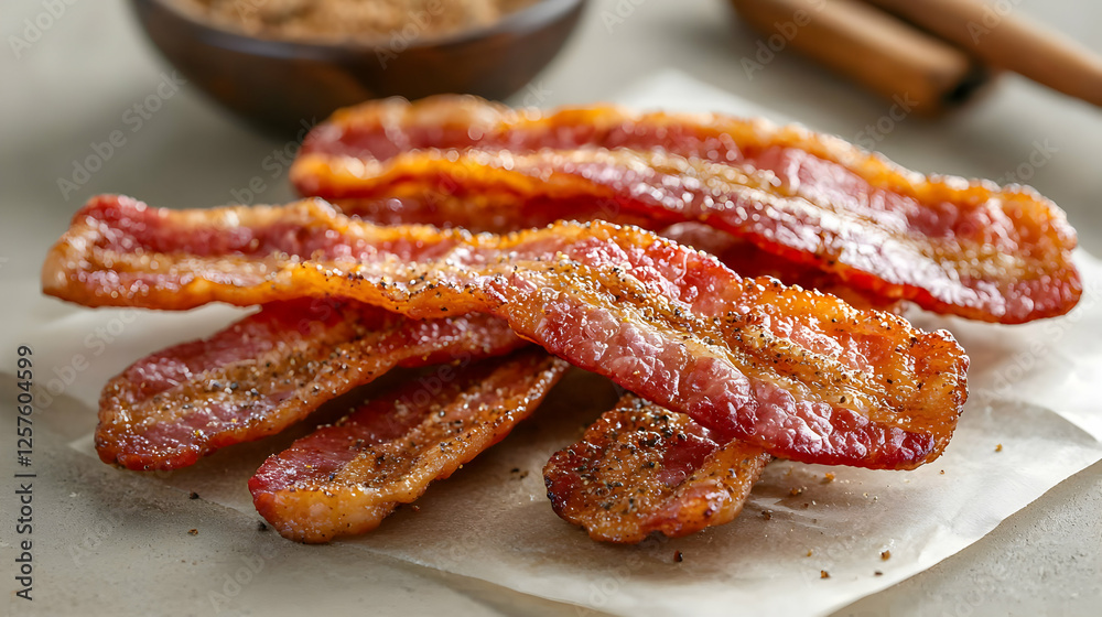 Crispy bacon strips on parchment paper, cinnamon & brown sugar in background; breakfast food photography Crispy bacon strips on parchment paper, cinnamon & brown sugar in background; breakfast food photography