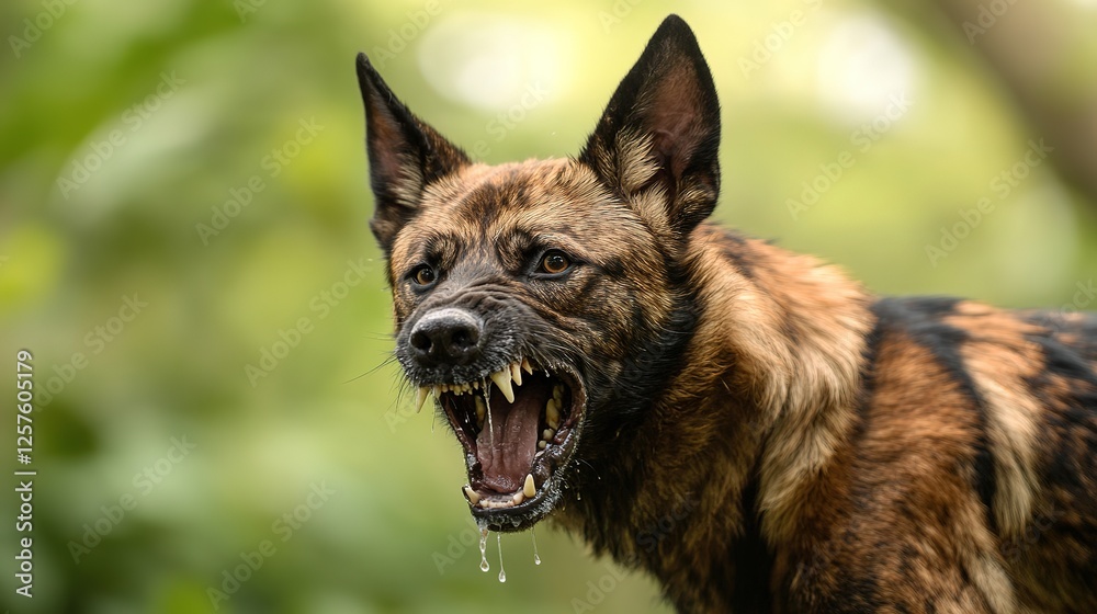 Aggressive rabid dog snarling with frothy saliva, intense eyes, and raised fur, isolated on a blurred background. Concept of danger, wild animal behavior, and rabies awareness