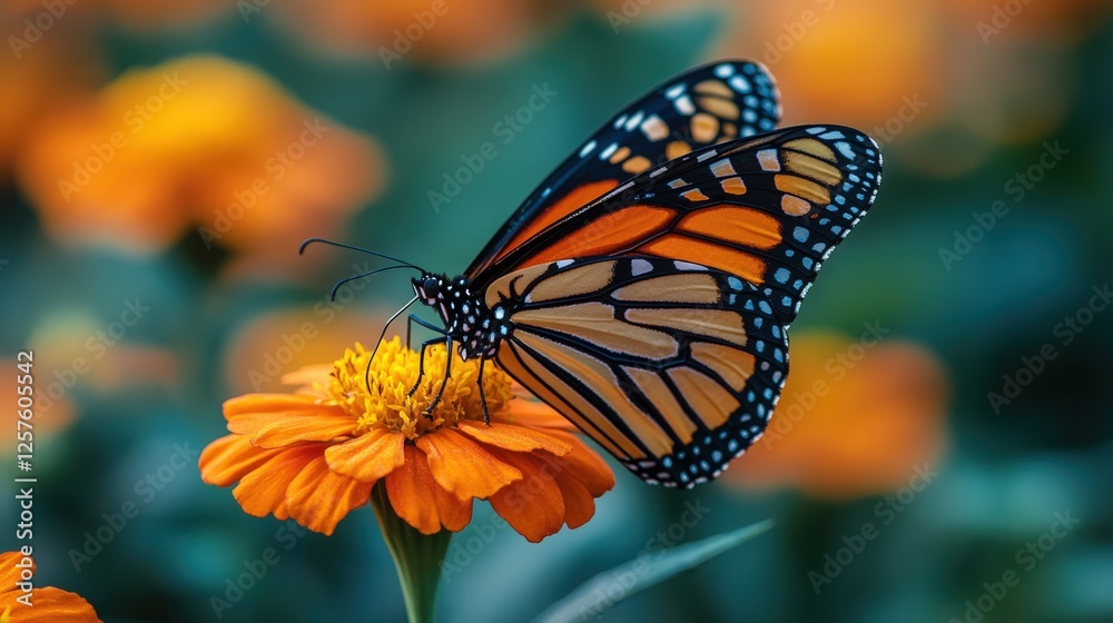 Obraz premium Monarch butterfly rests on vibrant marigold flower in a serene garden setting