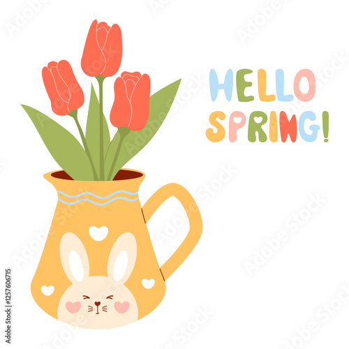 Cute spring tulip bouquet in yellow jug with rabbit decor. Vector Flat illustration. Springtime and Easter celebration concept. Design for greeting card, invitation, postcard, banner, poster