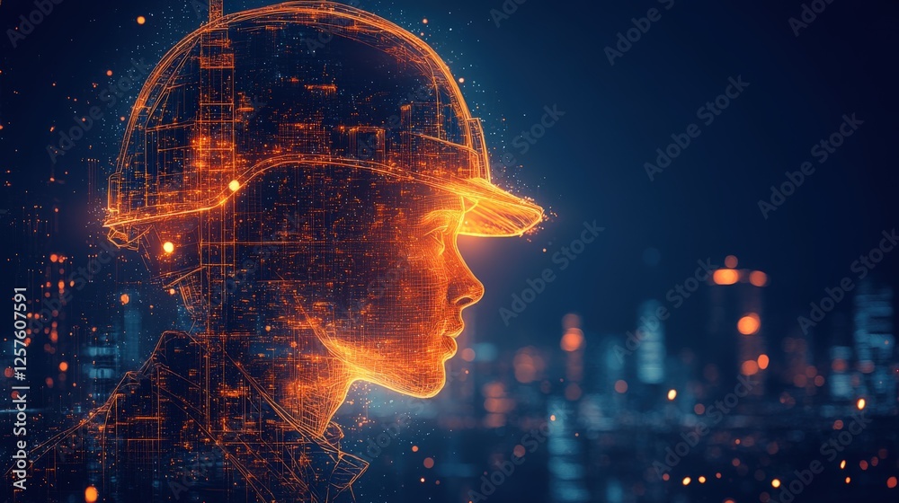 Nighttime silhouette of a construction worker with glowing helmet at a busy site Nighttime silhouette of a construction worker with glowing helmet at a busy site