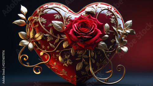 Beautiful Deep Red Heart Shaped Ornament with Golden Stem of Blooming Red Rose on Dark Red Background for Gorgeous Wedding and Special Occasion Styling Ideas Romantic Wallpaper Background