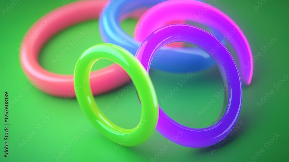 Luminous Circular Forms, Vibrant 3D Rings on a Vivid Green Surface Luminous Circular Forms, Vibrant 3D Rings on a Vivid Green Surface