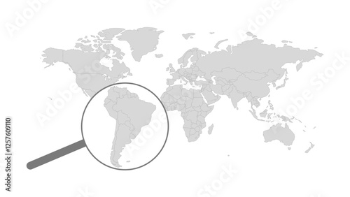 World Map in grey white colors. Magnifying glass magnifying and emphasizing the map of South America. Grayscale all Earth continent isolated on white background for website, education, travel